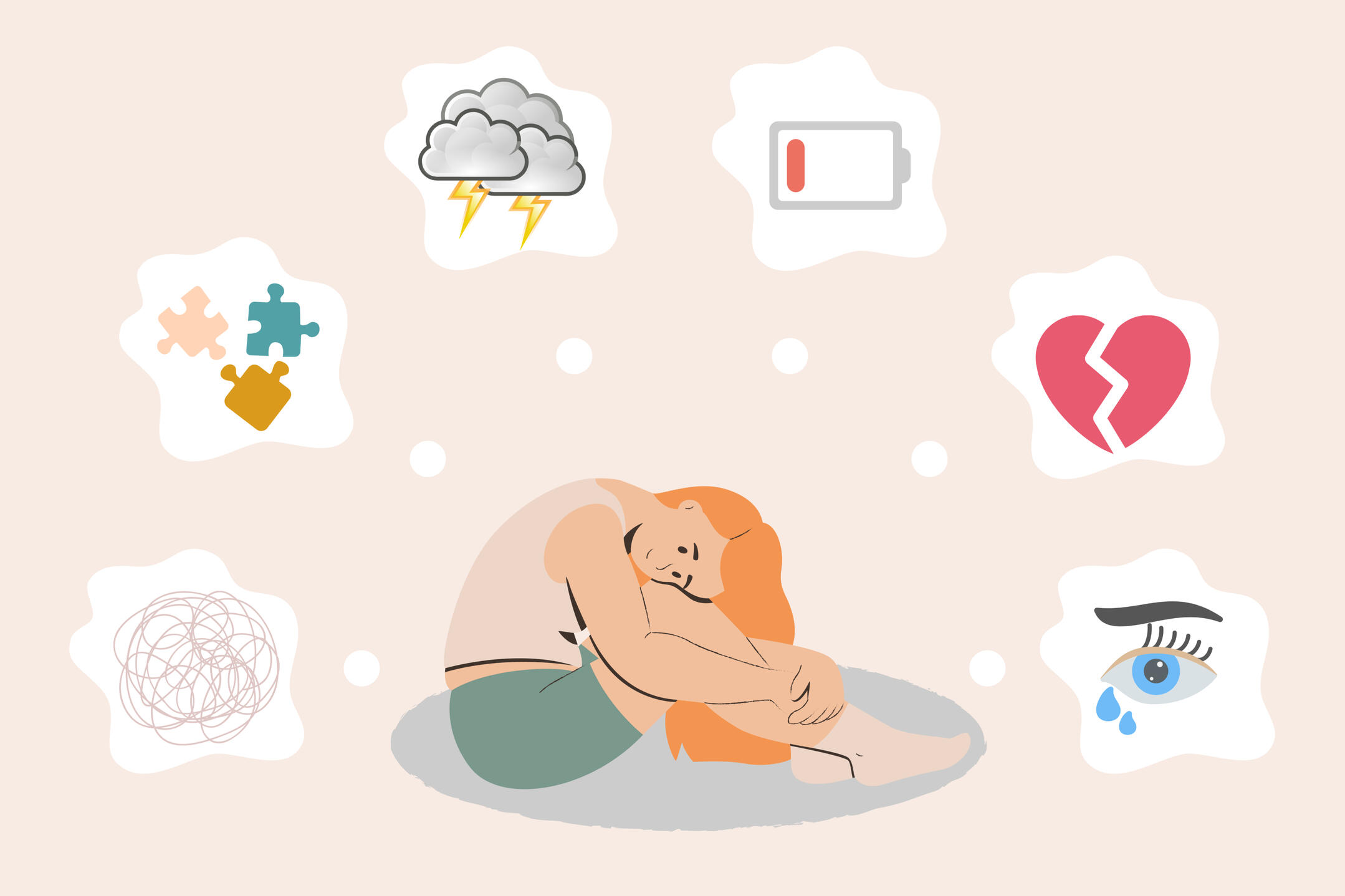 Illustration of a seated woman clutching her legs, with symbols of stress floating over her head.