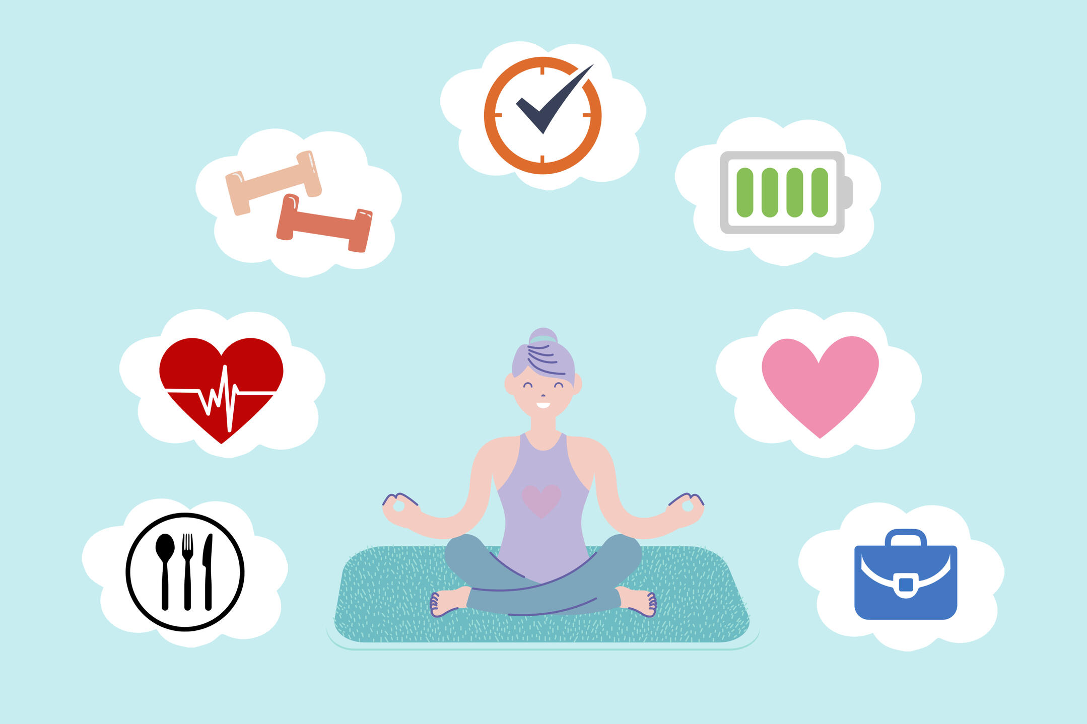 Illustration of a woman in a yoga pose with symbols of positivity floating over her head.